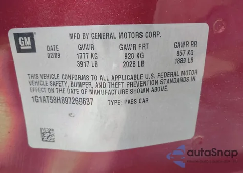 2009 Chevrolet Cobalt Lt из США, поврежденный, VIN 1G1AT58H897269637